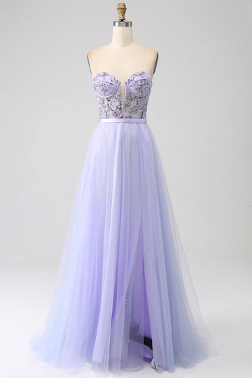 Lavanda A Line Tulle Corsetto Abito Da Ballo Con Spacco